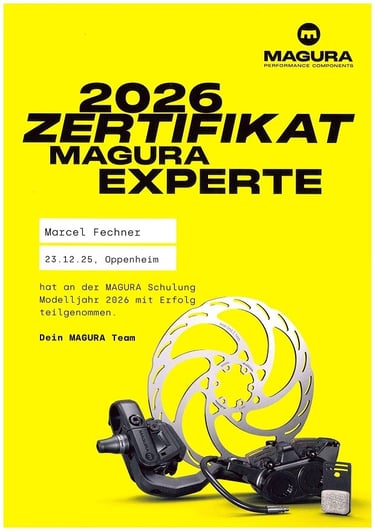Official 2026 Magura Expert certificate for Marcel Fechner featuring bicycle disc brakes and components.