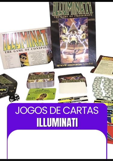 Jogo de cartas illuminati aberto, mostrando o manual de regras, as cartas e as fichas de dinheiro