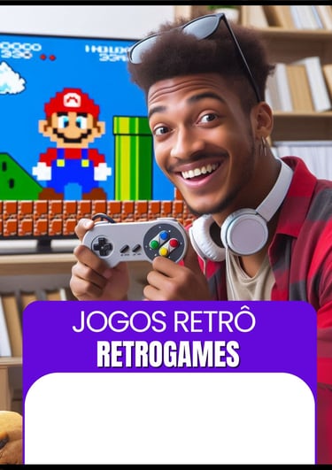 Jogos Retrô retrogames (Jovem homem sorrindo segurando controle e jogo Mario na tela do pc no fundo)