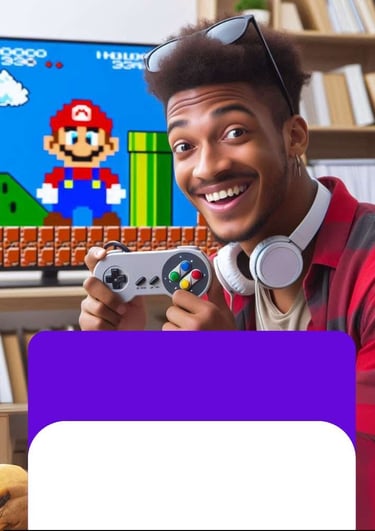 Jogos Retrô retrogames (Jovem negro sorrindo segurando controle e jogo Mario na tela do pc no fundo)