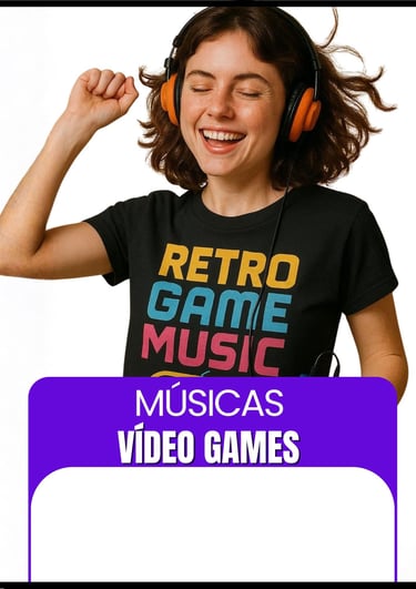 Músicas Vídeo Games (Jovem mulher curtindo musica de video game no walkman usando camiseta "Retro.."
