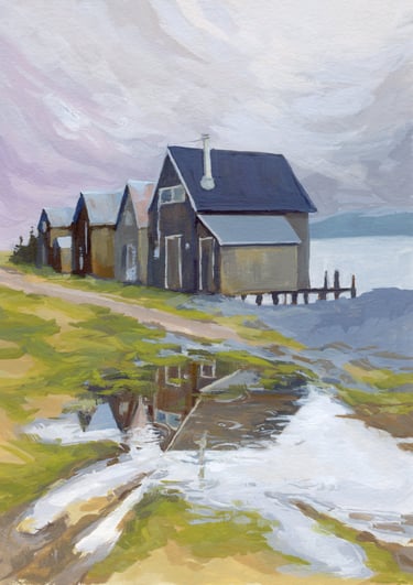 Rainy Day Fish Shacks - Painting by Michelle Darwin