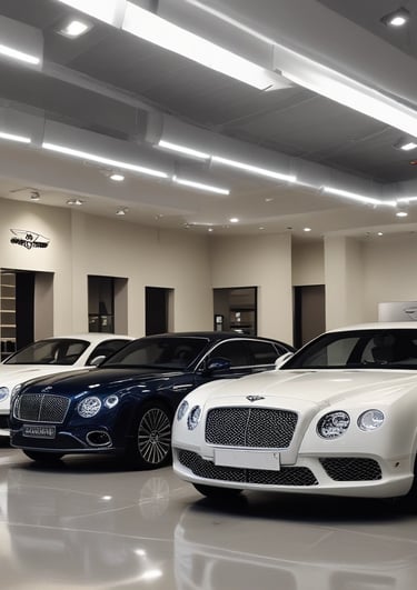 The interior of a car dealership is visible through a glass window that has bold lettering advertising sales of cars and vans. Several vehicles, including a white compact car, are arranged inside a well-lit showroom. A television screen mounted on the wall displays an image, while the room also contains various equipment and items.