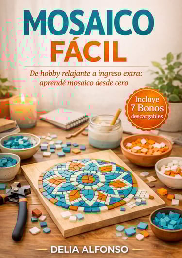 Mosaico Fácil book cover showing colorful tile art, crafting tools, and mosaic supplies on a wooden table.