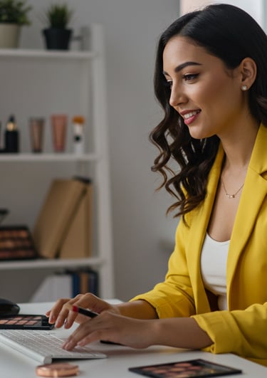 a woman in a yellow jacket is sitting at a desk