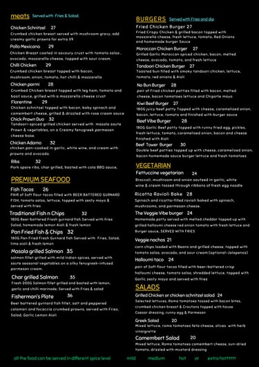 Menu layout featuring sections for meats, premium seafood, burgers, vegetarian dishes, and salads with pricing.