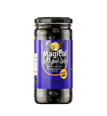 a jar of black olives with a purple label