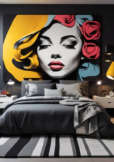 Estilo contemporâneo: quarto de casal com um toque artístico proporcionado por um quadro pop-art.