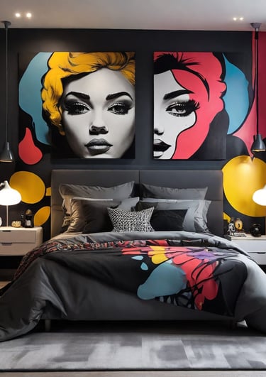 Quarto de casal luxuoso com uma explosão de cores: quadro pop-art na parede