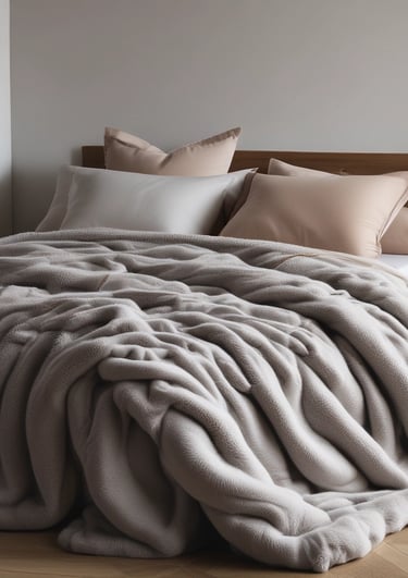 A close-up of soft, textured bedding fabrics.