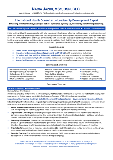 CV sample for career transition, health leadership - TORI Award, page 1