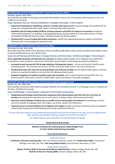 CV sample for career transition, health leadership - TORI Award, page 2