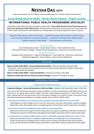 CV sample for public health, new graduate - TORI Award, page 1