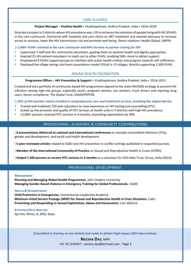 CV sample for public health, new graduate - TORI Award, page 2