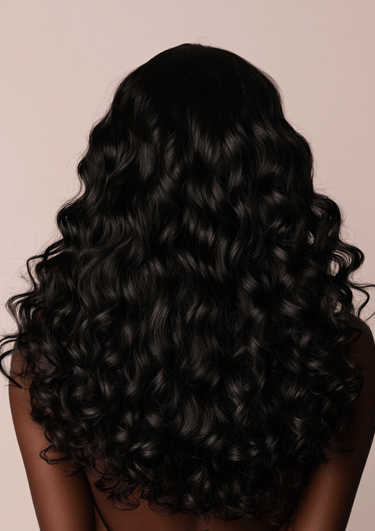 An image displaying an example of the Jet Black Tight Curly Closure hair option.