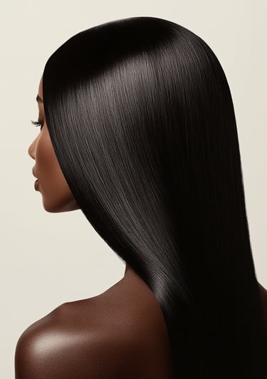 A woman looking away from the camera at an angle, showing her luxurious, straight, black hair.