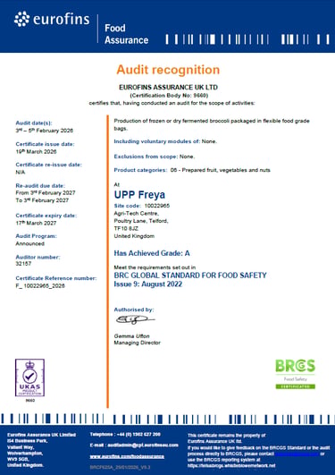 BRCGS Issue 9 certificate: Grade A