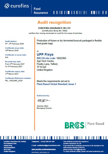 BRCGS Certificate: Plant-Based