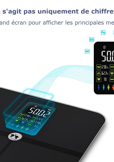 balance connectée, connexion blutooth, 14 mesure, fréquence cardiaque, imc, suivi poids, ito, 180kg
