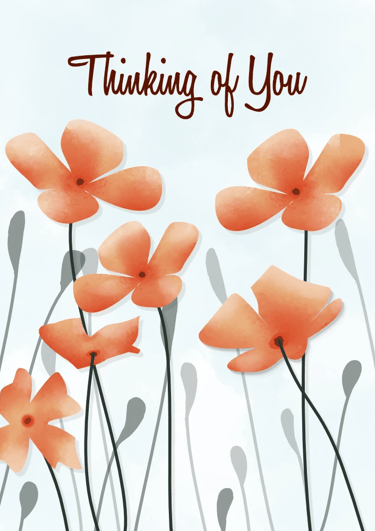 Thinking of You get well card with minimal orange poppy flowers on a light airy background