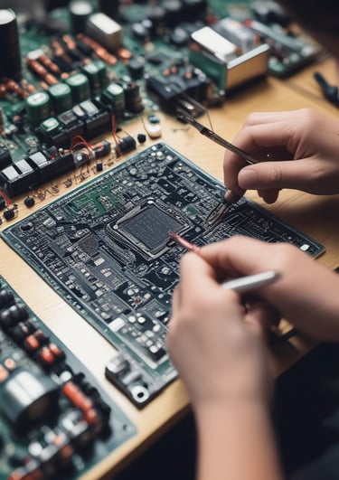 Two people wearing protective gear, including helmets, are working with welding equipment. They are surrounded by various tools and large gas cylinders on carts, likely for industrial use. The setting appears to be an industrial workshop with metal structures and a parked van in the background.