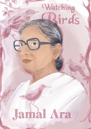 A portrait illustration of Jamal Ara, wearing glasses and a white sari, surrounded by bird motifs.