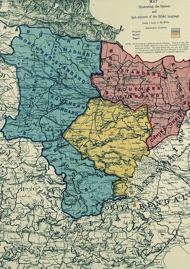 A vintage color-coded linguistic map titled "Map Illustrating the Dialects and Sub-dialects of the Bihari language."