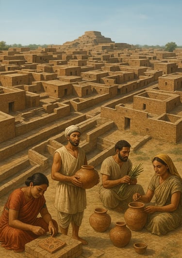 Indus Valley ancient city illustration with mud-brick houses and people.
