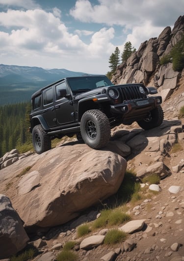 A vintage-style off-road vehicle is prominently displayed from the front on a minimalistic, uniform olive green background. The vehicle is tan with a sturdy frame, circular headlights, and rugged tires, creating a sense of adventure and durability.