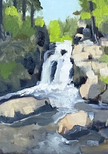A framed fine art oil painting of a Northern Michigan wilderness waterfall and deep pine forest 