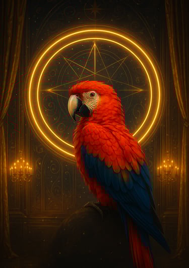 The red macaw, symbol of The Raphael Pathe Heritage, created with AI