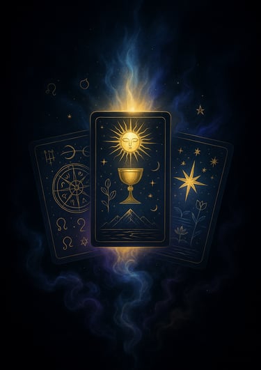 a tarot deck with a gold cup and a cup of coffee