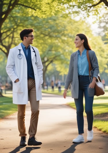 speciality doctor walking with a patient in a park