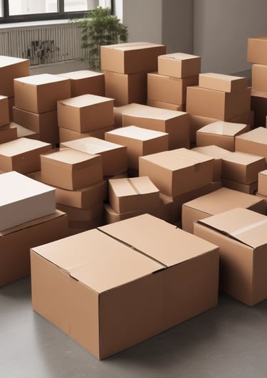 Crinkled brown paper packages are neatly arranged on a wooden surface. The packages have handwritten text on them, possibly denoting a brand, with a clear, simple stamp-like design.
