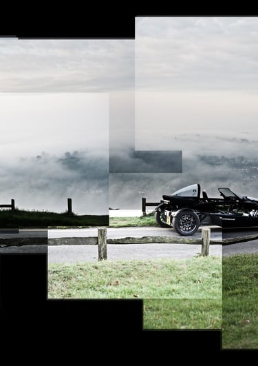 A joiner image of an Ariel Atom with clouds beneath it