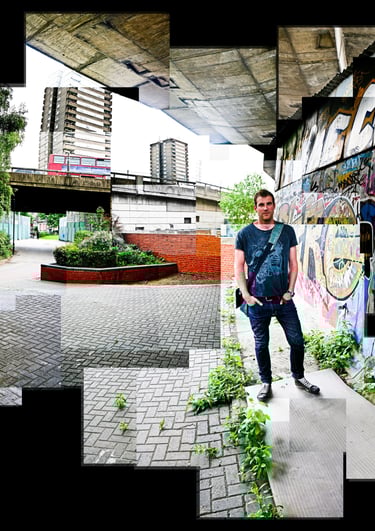 A joiner image of a man standing next to a wall covered in graffiti