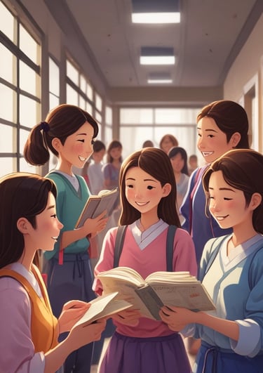 A cheerful classroom setting with students learning Japanese.