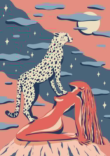 a leopard standing on the chest of a nude woman sitting on a rock. A night sky in the background.