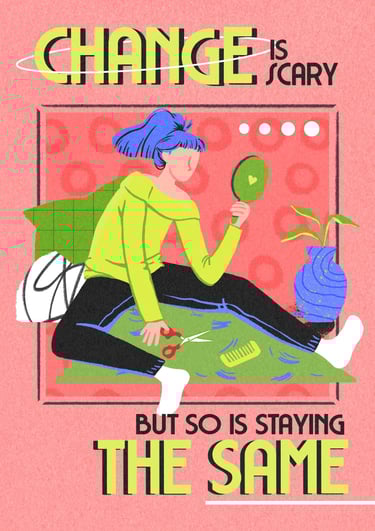 a woman sitting on a rug with a mirror in the hand, cutting her hair