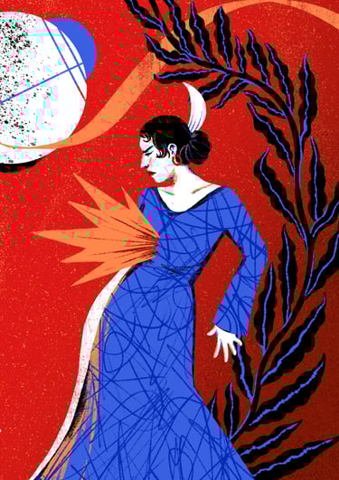 a woman in a blue flamenco dress with fire in her chest and a moon in the background