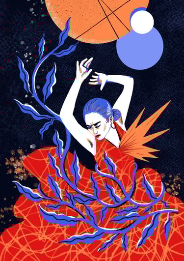 a woman in a red flamenco dress with fire bursting from her chest and a plant crawling on her body