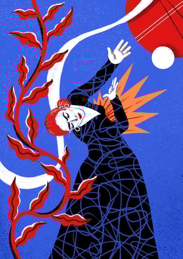 a woman in a black flamenco dress with fire in her chest and red leaves sustaining her.