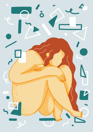 a naked woman sitting and hugging herself on a background full of shapes