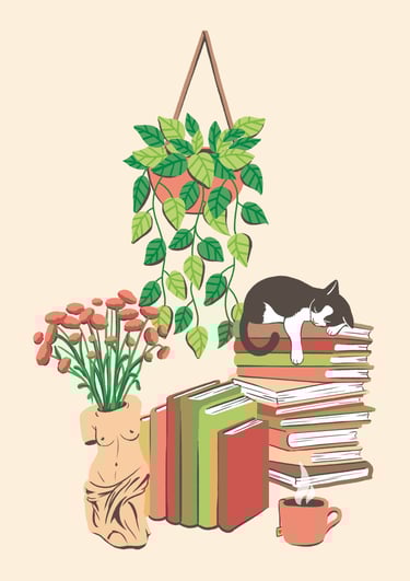 a cat sleeping on a pile of books, a hanging plant, a tea, a vase with the shape of a greek bust