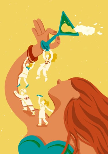 a woman cheering with a glass of gin, some workers climbing up her arm (waiter, nurse, firefighter)