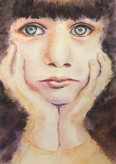 a watercolor painting of a girl with green eyes