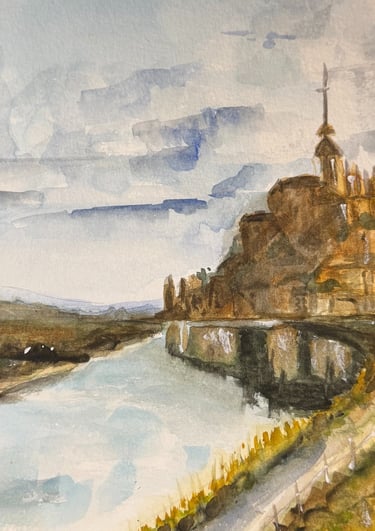 a painting of Mont Saint-Michel castle with a river in the background