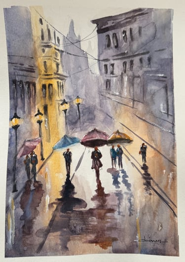 a painting of people walking down a street on a rainy day