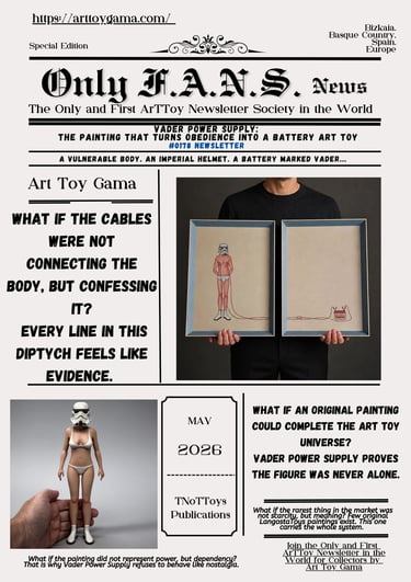 Only F.A.N.S. News art toy newsletter featuring Darth Vader power supply diptych paintings and Stormtrooper figures.