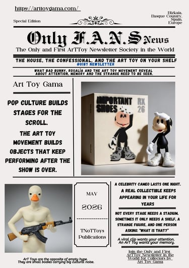 Only F.A.N.S. News art toy newsletter featuring a designer duck figure with a rifle and Mickey Mouse style characters.